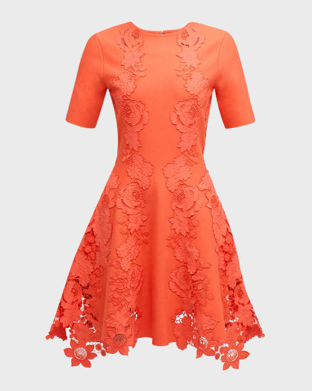 Short-Sleeve Mixed Botanical Inset Mini Dress
